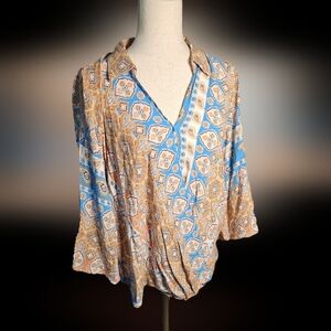 Cato Blue Cream and Tan Paisley Rayon Patterned Women's Blouse Top Size 14 16